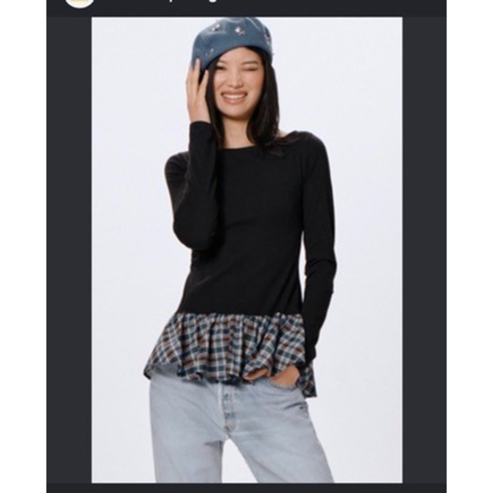 Maeve Anthropologie Plaid Peplum Hem Long Sleeve Top Black Blue XS